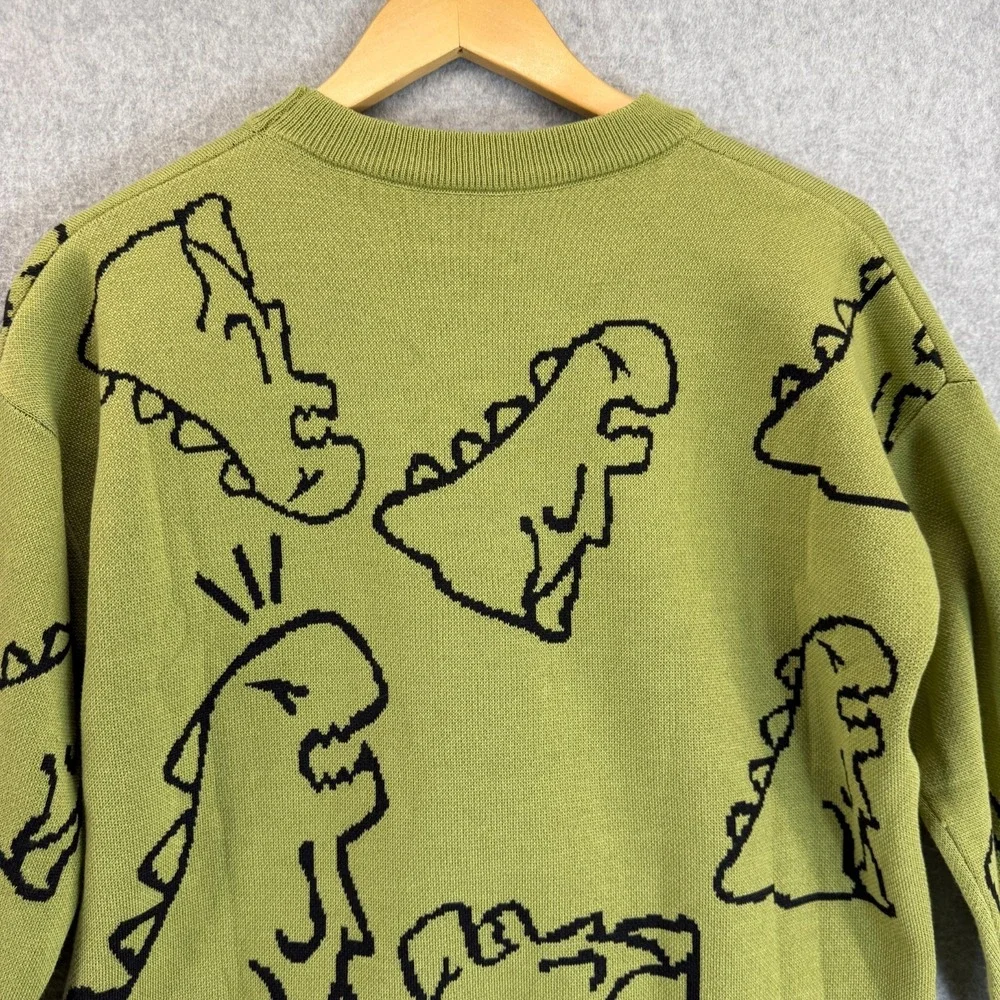 Angry Dinosaur T Rex Knit Crewneck Sweater Unisex Size Medium Green Blue Cartoon